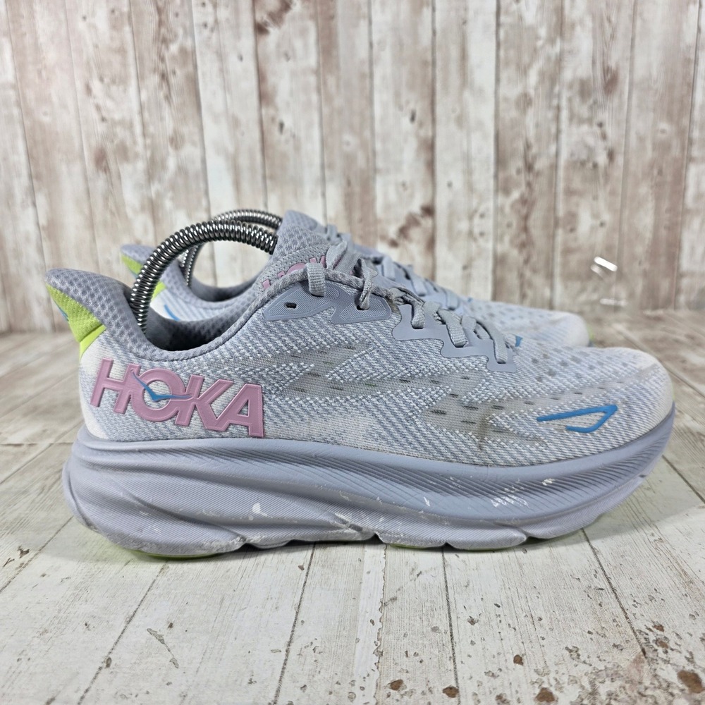 Hoka Clifton 9 Womens Running Shoes Grey Pink Lime Green 1127896 GLLS Size 8.5B